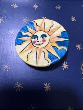 Celestial Sun Face porcelain  Brooch vintage 1980s pin hand painted art rare